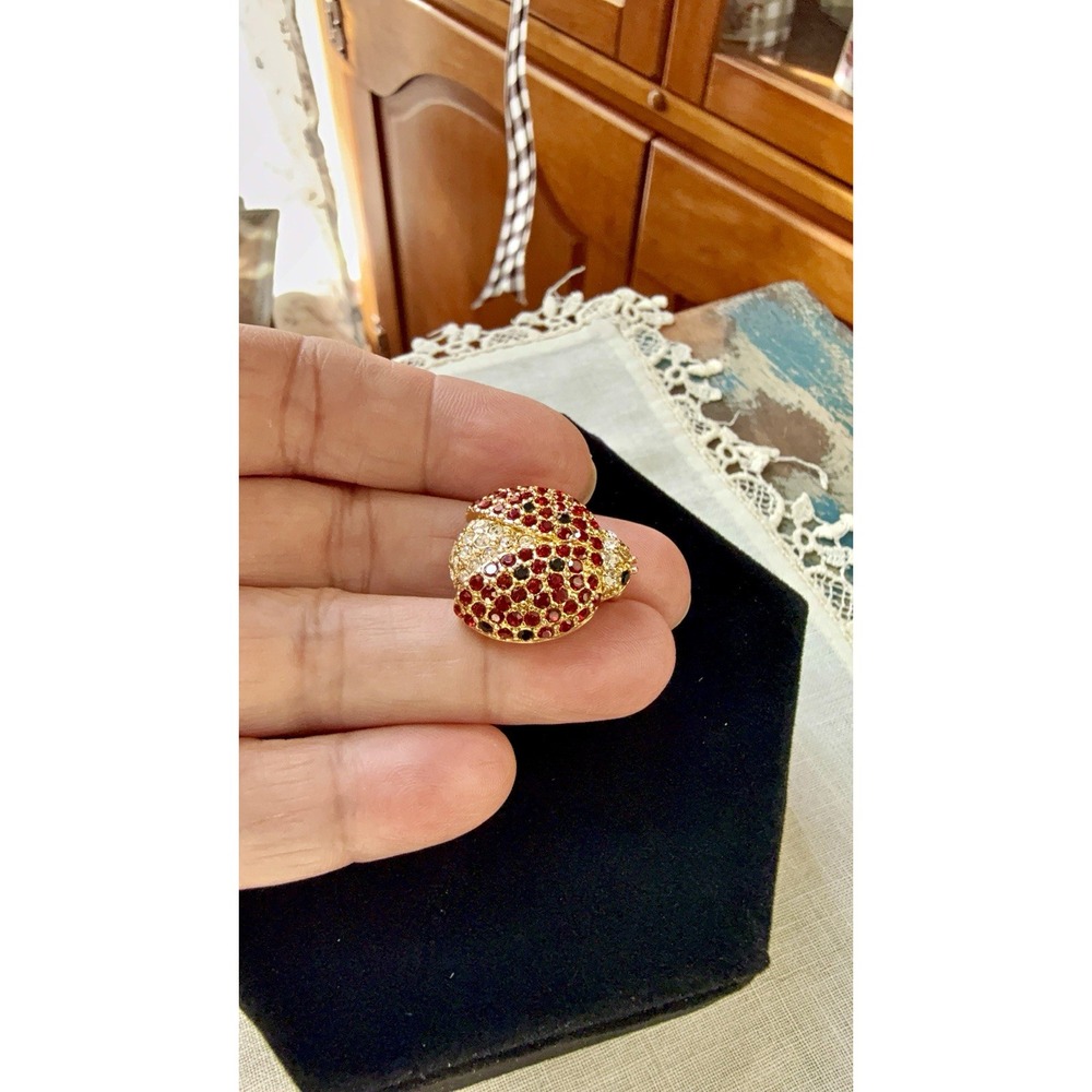 Vintage MONET Ladybug Brooch Pin Red Black Clear Rhinestones Gold Tone Signed